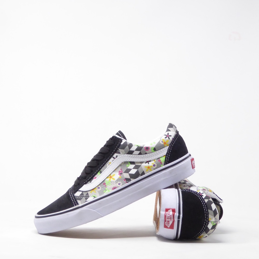Vans Womens Old Skool Black Checkerboard Checker Cube Floral Sneakers Size 7